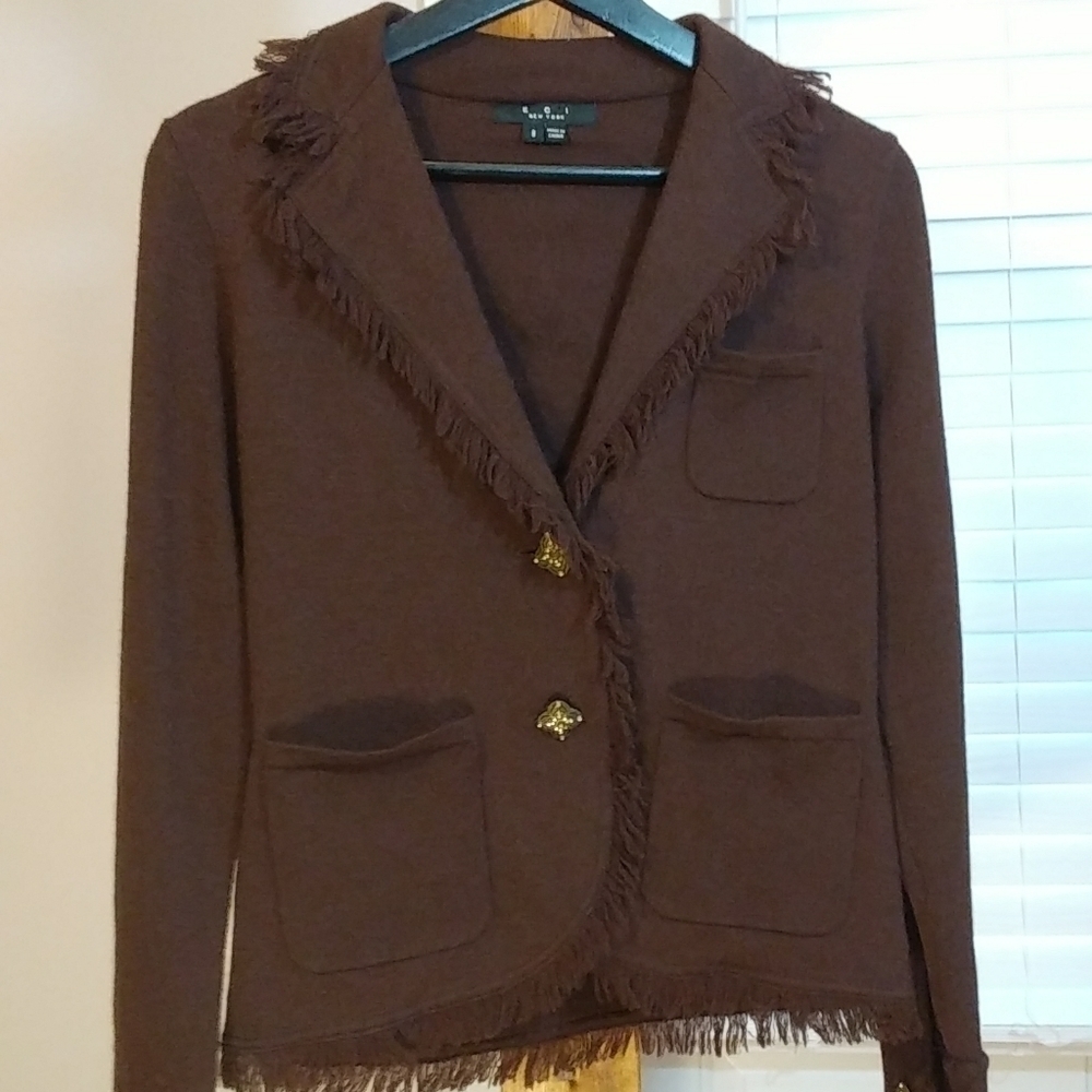 Eci New York Brown Knit 72% Wool 28% Nylon Sweater Cardigan Size 8 Pockets